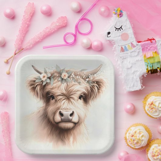 Assiettes En Carton Aquarelle Boho Highland Vache avec tête nuptiale (Fête)