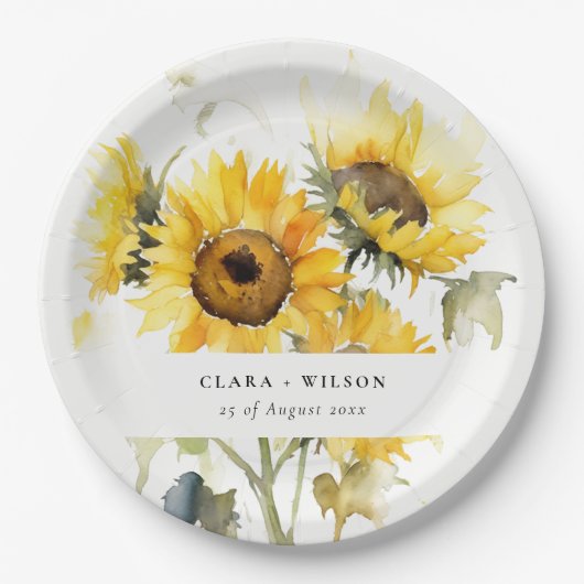 Assiettes En Carton Aquarelle Boho minimale Tournesol Mariage rustique (Devant)