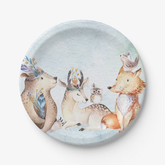Assiettes En Carton Aquarelle Boho Ours Rustique Animaux Baby shower (Devant)