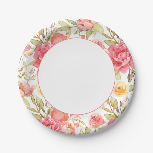 Assiettes En Carton Aquarelle Bordure florale rose (Devant)