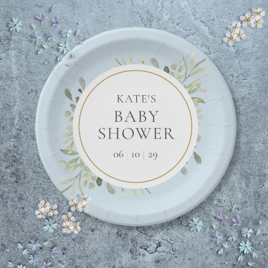 Assiettes En Carton Aquarelle botanique Vert Bleu Bébé Garçon Douche