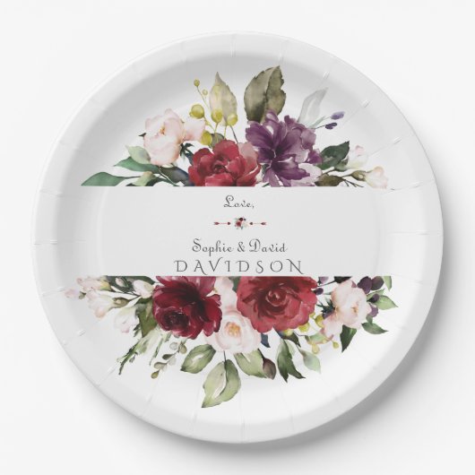 Assiettes En Carton Aquarelle Bourgogne Blush Flowers Mariage de cadre (Devant)
