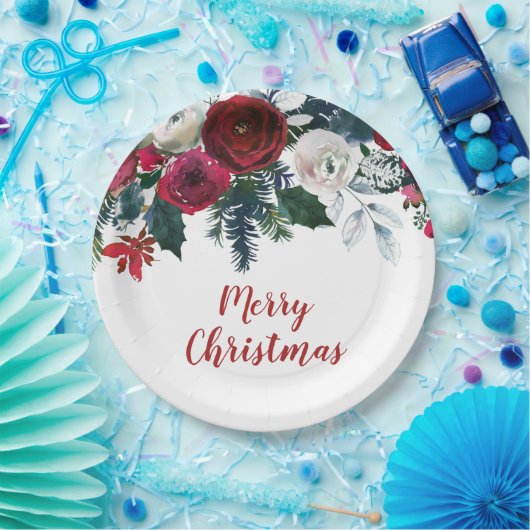 Assiettes En Carton Aquarelle Bourgogne Fleurs d'hiver Noël (Fête)