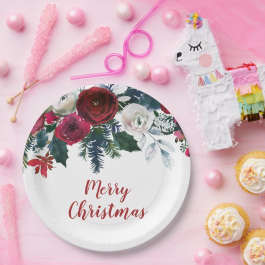 Assiettes En Carton Aquarelle Bourgogne Fleurs d'hiver Noël (Fête)