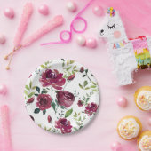 Assiettes En Carton Aquarelle Bourgogne | Modèle floral (Fête)