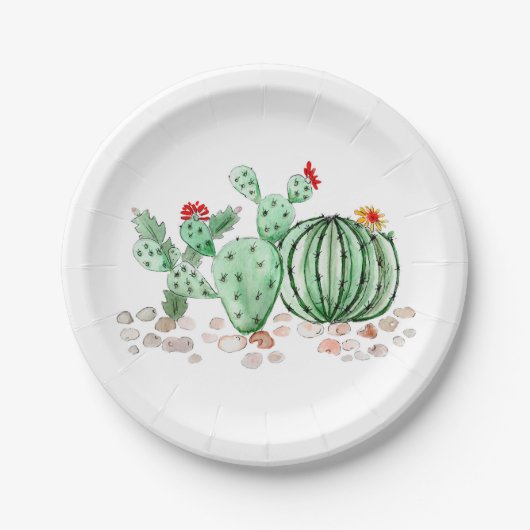 Assiettes En Carton Aquarelle cactus fleurs plante dessin animé (Devant)