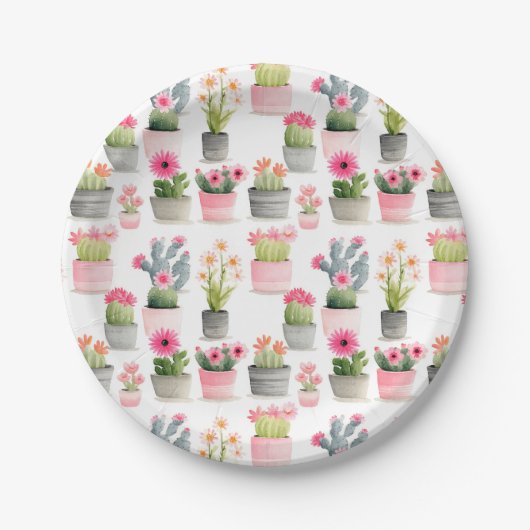 Assiettes En Carton Aquarelle Cactus Motif Succulent Rose Ouest (Devant)