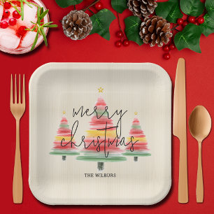 Assiettes En Carton Aquarelle Carré Arbres de Noël