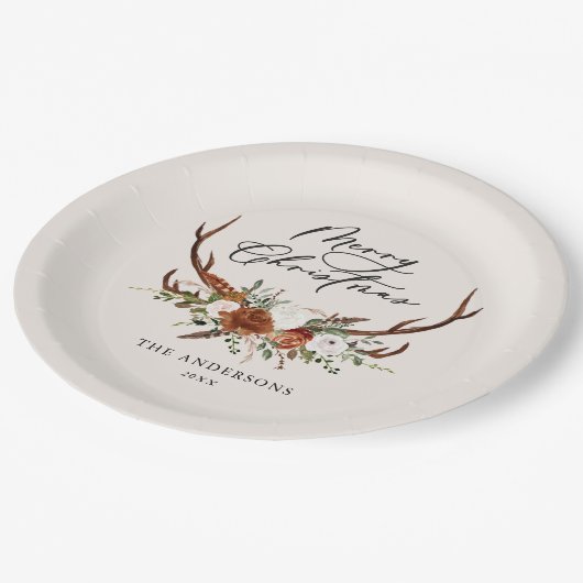 Assiettes En Carton aquarelle cerf fleurs merveille Noël (Angle)