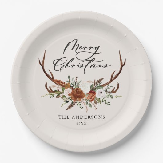 Assiettes En Carton aquarelle cerf fleurs merveille Noël (Devant)