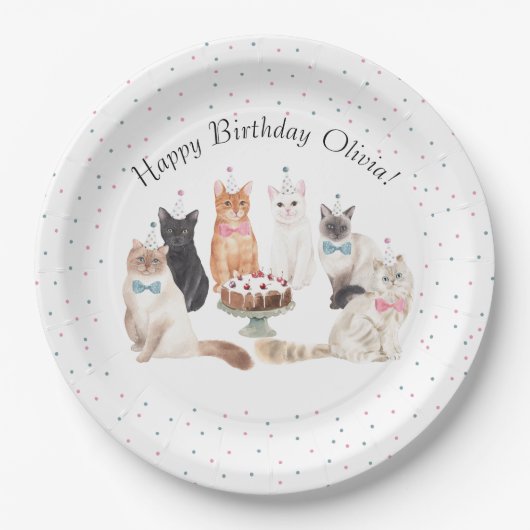 Assiettes En Carton Aquarelle Chat Bonne Plaque Papier Anniversaire (Devant)