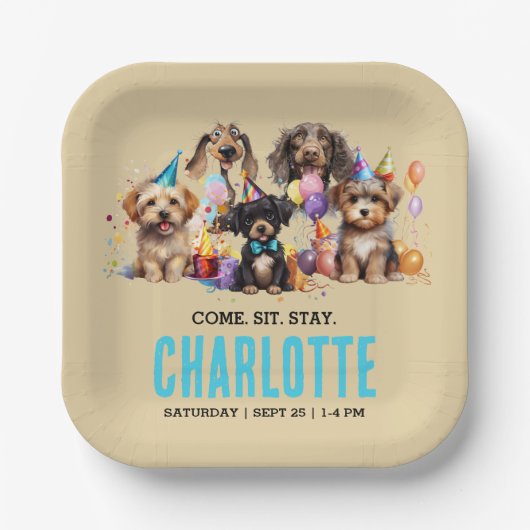 Assiettes En Carton Aquarelle Chien Pawty Puppy Anniversaire (Recto)