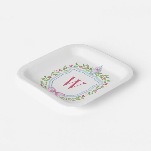 Assiettes En Carton Aquarelle Chinoiserie Ginger Jar Monogram Crest (Angulaire)