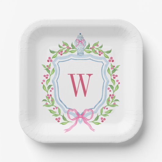 Assiettes En Carton Aquarelle Chinoiserie Ginger Jar Monogram Crest (Recto)