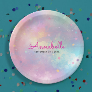 Assiettes En Carton Aquarelle Ciel rose rose violet mignonne fille