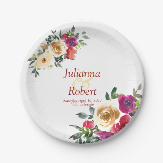 Assiettes En Carton Aquarelle citron et papier mariage à fleurs magent (Devant)