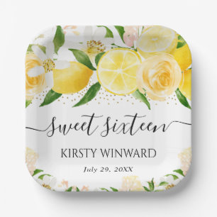 Assiettes En Carton Aquarelle Citrons et Fleurs Sweet Sixteen