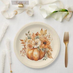 Assiettes En Carton Aquarelle Citrouille Floral Design-