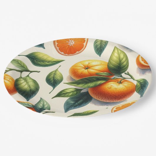 Assiettes En Carton Aquarelle Citrus Orange Feuille Mariage (Angle)