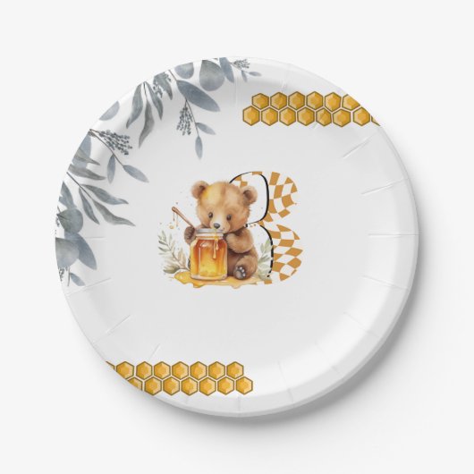 Assiettes En Carton Aquarelle classique Ours Miel troisième anniversai (Devant)