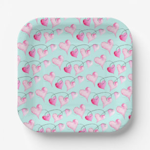 Assiettes En Carton Aquarelle Coeurs roses