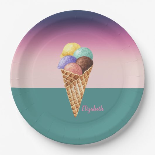 Assiettes En Carton Aquarelle colorée cool Crème glacée (Devant)