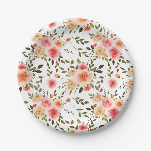 Assiettes En Carton Aquarelle Coral Rose Floral PatternPlaque papie (Devant)