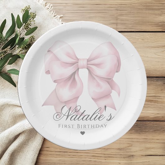 Assiettes En Carton Aquarelle customisée Dusty Rose Bow 1er anniversai