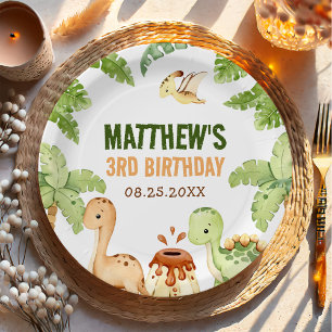 Assiettes En Carton Aquarelle Cute Dinosaur Vert 3e anniversaire