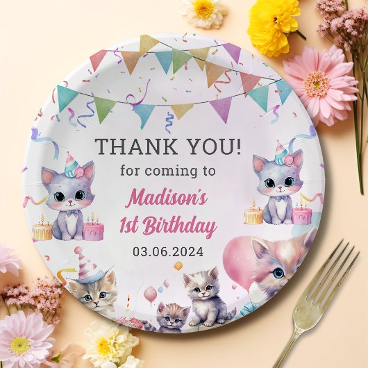 Assiettes En Carton Aquarelle Cute Kitty Chat 1er anniversaire