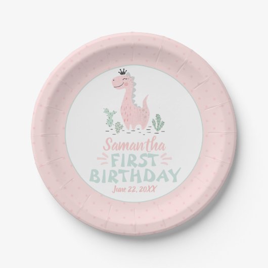 Assiettes En Carton Aquarelle d'anniversaire fille Dinosaure rose et t (Devant)