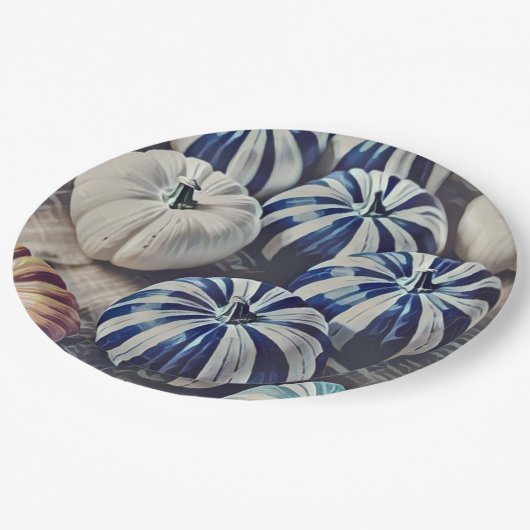 Assiettes En Carton Aquarelle d'automne Design Citrouille bleu et blan (Angle)