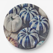 Assiettes En Carton Aquarelle d'automne Design Citrouille bleu et blan (Devant)