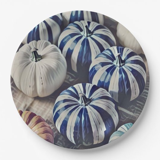 Assiettes En Carton Aquarelle d'automne Design Citrouille bleu et blan (Devant)