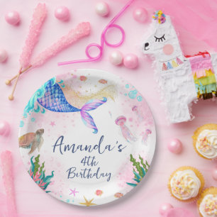 Assiettes En Carton Aquarelle de la queue de sirène Anniversaire sous