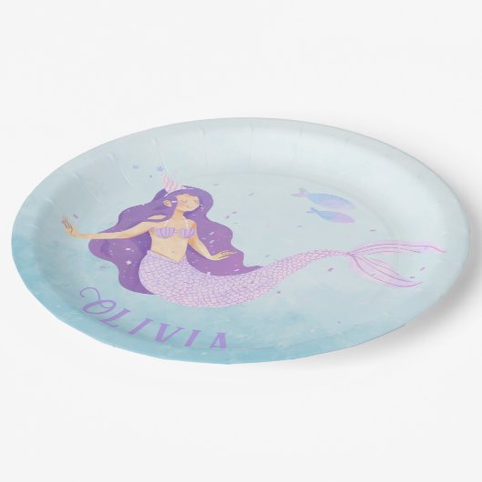 Assiettes En Carton Aquarelle de sirène mauve mauve fille Anniversaire (Angle)