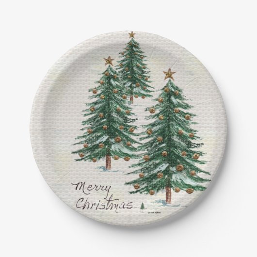 Assiettes En Carton Aquarelle de style ancien Arbre de Noël à neige (Devant)