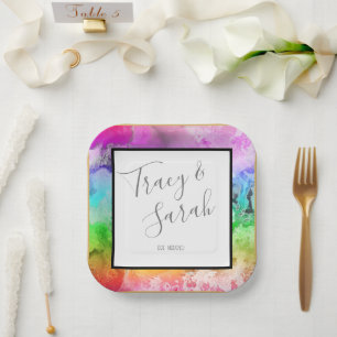 Assiettes En Carton Aquarelle d'encre d'alcool arc-en-ciel