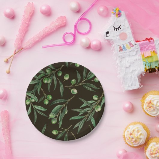 Assiettes En Carton Aquarelle des branches d'olive en noir (Fête)