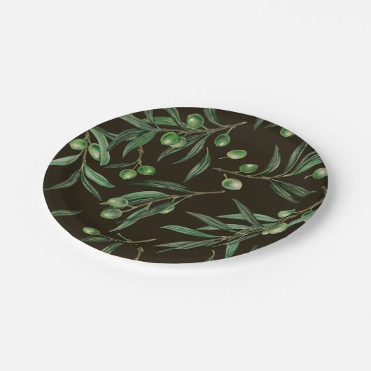 Assiettes En Carton Aquarelle des branches d'olive en noir (Angle)
