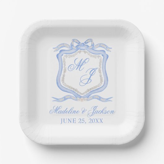 Assiettes En Carton Aquarelle Designer Blue Monogram Crest Mariage (Recto)