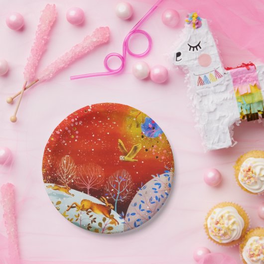 Assiettes En Carton Aquarelle d'hiver Gold Woodland Rabbit Owl (Fête)