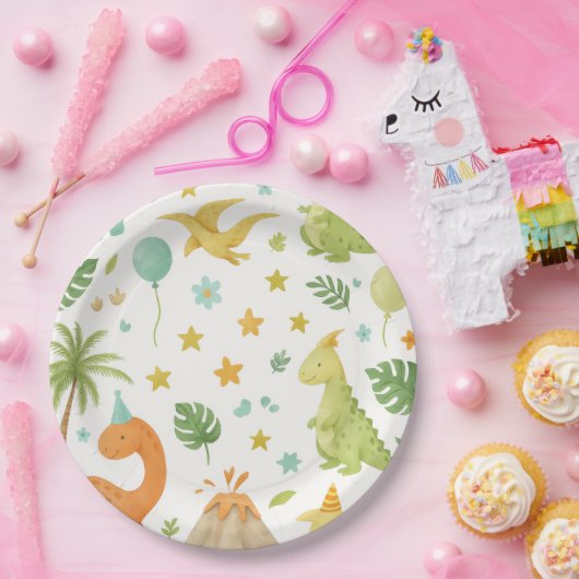 Assiettes En Carton Aquarelle Dinosaure Vert Plaque Papier d'Anniversa (Fête)