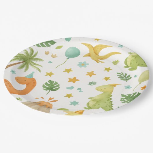 Assiettes En Carton Aquarelle Dinosaure Vert Plaque Papier d'Anniversa (Angle)