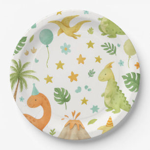 Assiettes En Carton Aquarelle Dinosaure Vert Plaque Papier d'Anniversa
