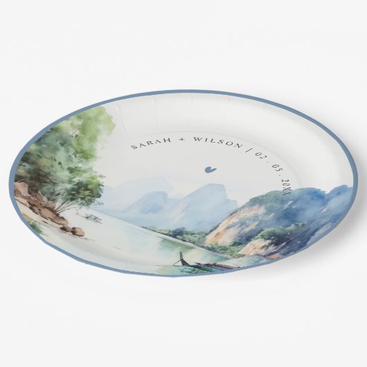 Assiettes En Carton Aquarelle douce Côte Thaïlande Mariage marin (Angle)