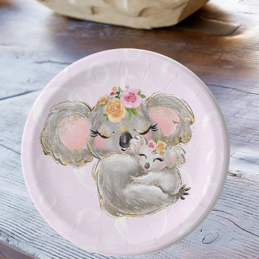 Assiettes En Carton Aquarelle douce fille Koala Baby shower rose
