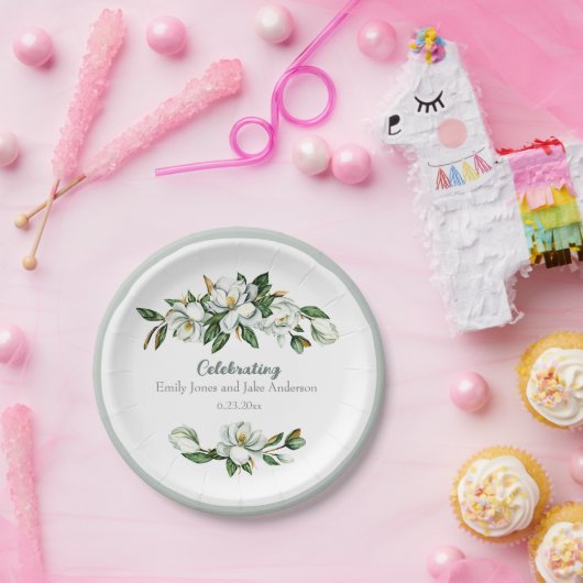 Assiettes En Carton Aquarelle douce Magnolia Mariage de verdure (Fête)