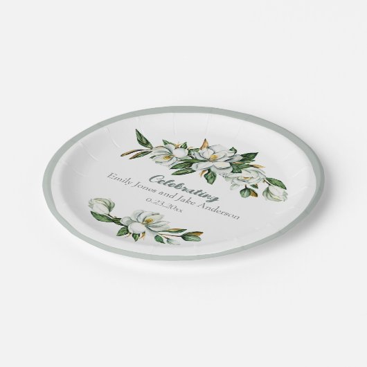 Assiettes En Carton Aquarelle douce Magnolia Mariage de verdure (Angle)