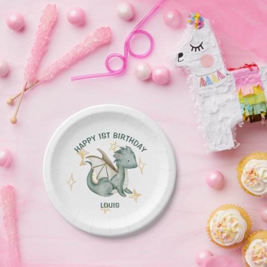 Assiettes En Carton aquarelle dragon et étoiles joyeux journal d'anniv (Fête)